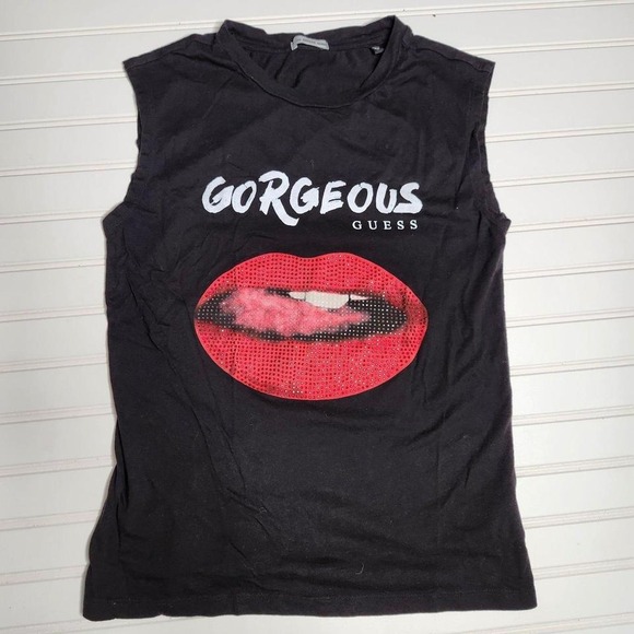 Guess‎ Gorgeous Lips Graphic Tank Top Sleeveless Casual Black Small - Picture 1 of 5